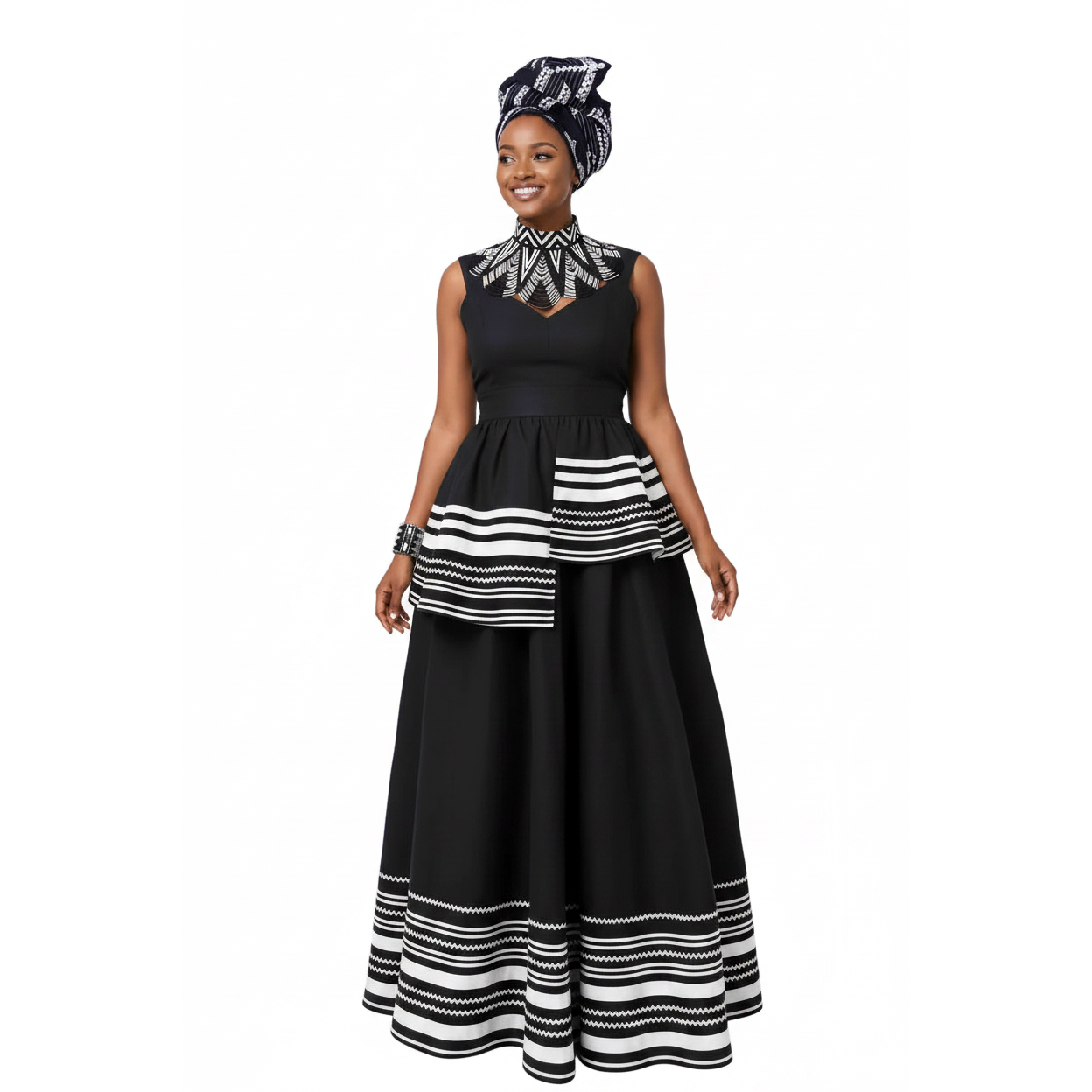 Sleeveless  Patterned with Layered Traditional Trim Dress