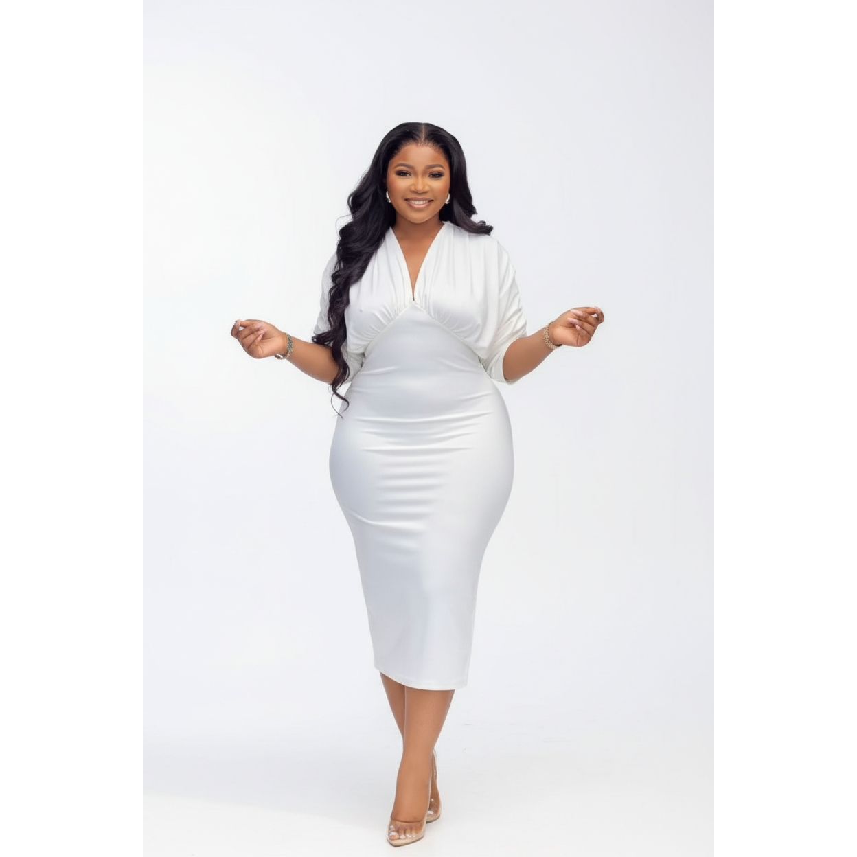 Plus Size Ruched Sleeves V-Neck Bodycon Dress