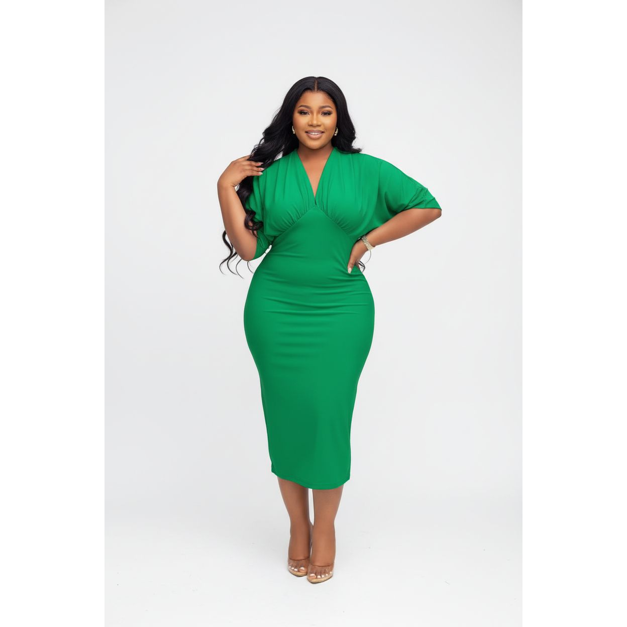 Plus Size Ruched Sleeves V-Neck Bodycon Dress