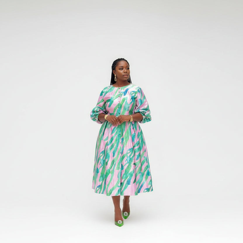 Plus Size Bohemian Print Belted Midi Dress