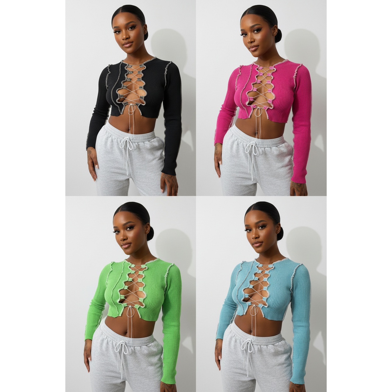 Lace Up Long Sleeve Crop Top