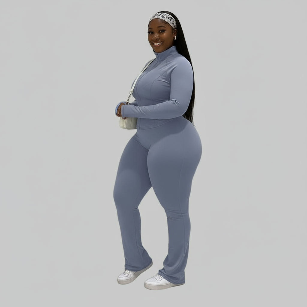 Women’s Two-Piece Zipper Top & Flared Pants Set