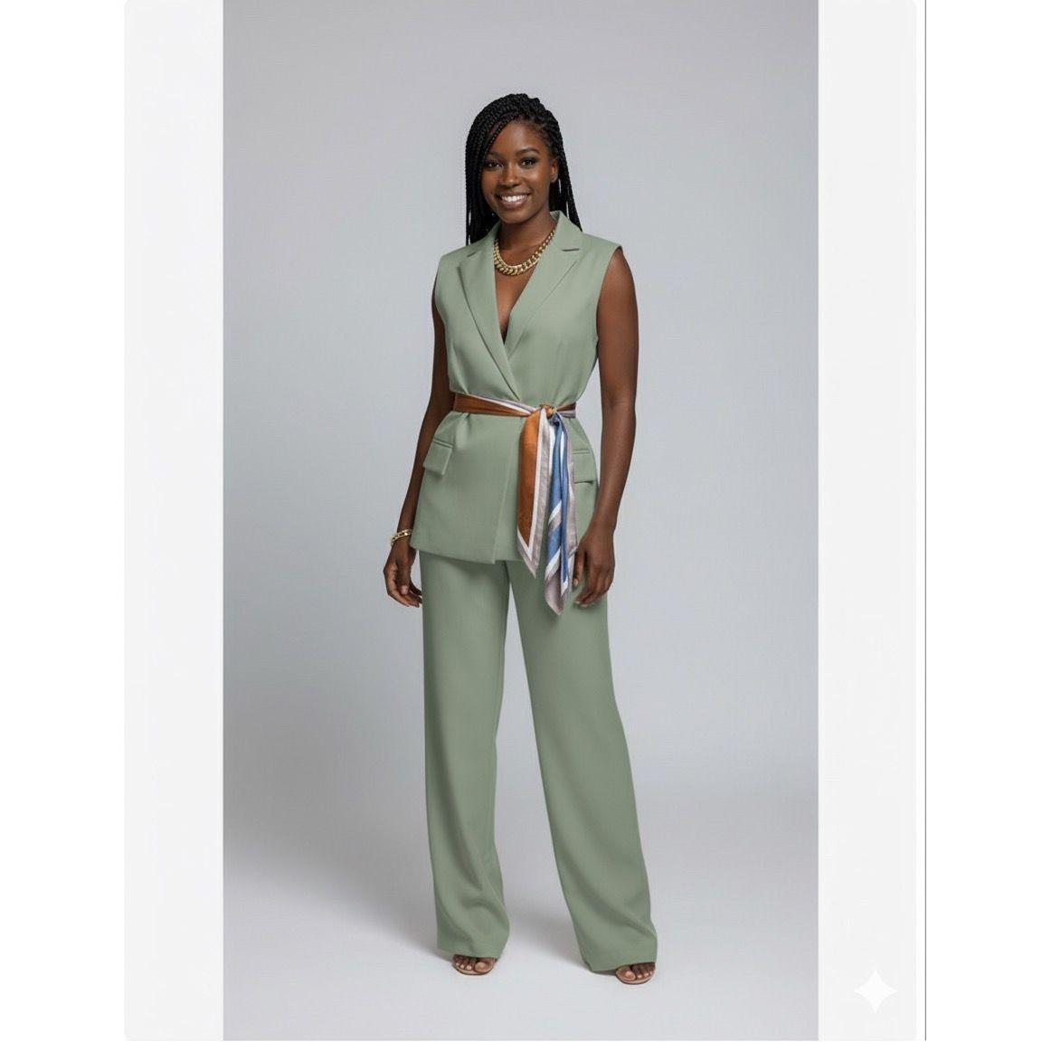 Women’s Sleeveless Blazer Two-Piece Suit – Wide Leg Pants Set