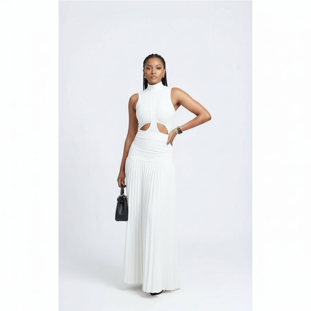 Sleeveless Pleated Flowy Maxi Elegant Cocktail Party Dress.