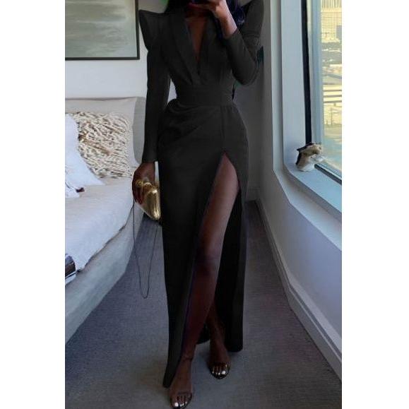 Casual Color Block V Neck Slit Dress