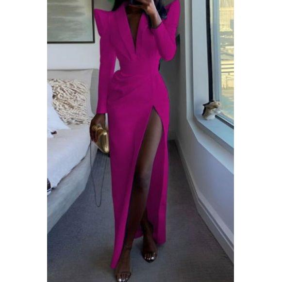V-Neck Stretch Satin Slimming Dress With Slit Mist main image 1