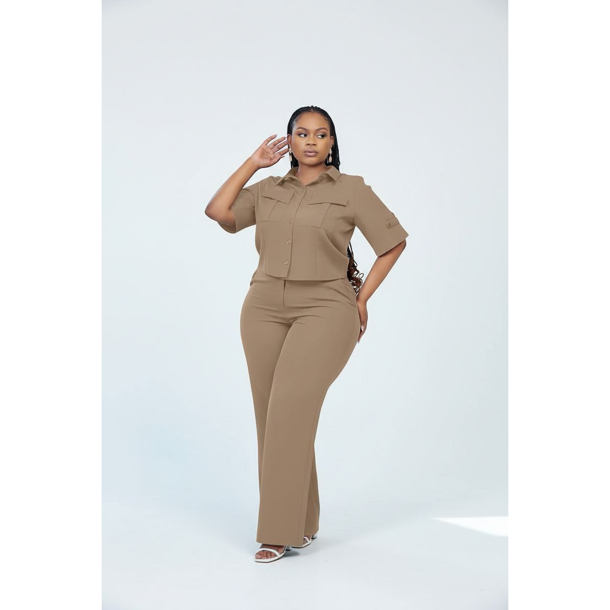 Button-Front Short-Sleeve Shirt & Wide-Leg Pants