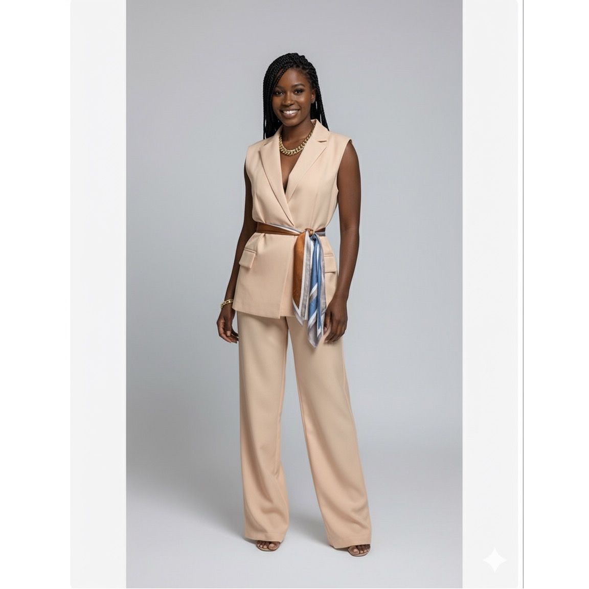 Women’s Sleeveless Blazer Two-Piece Suit – Wide Leg Pants Set
