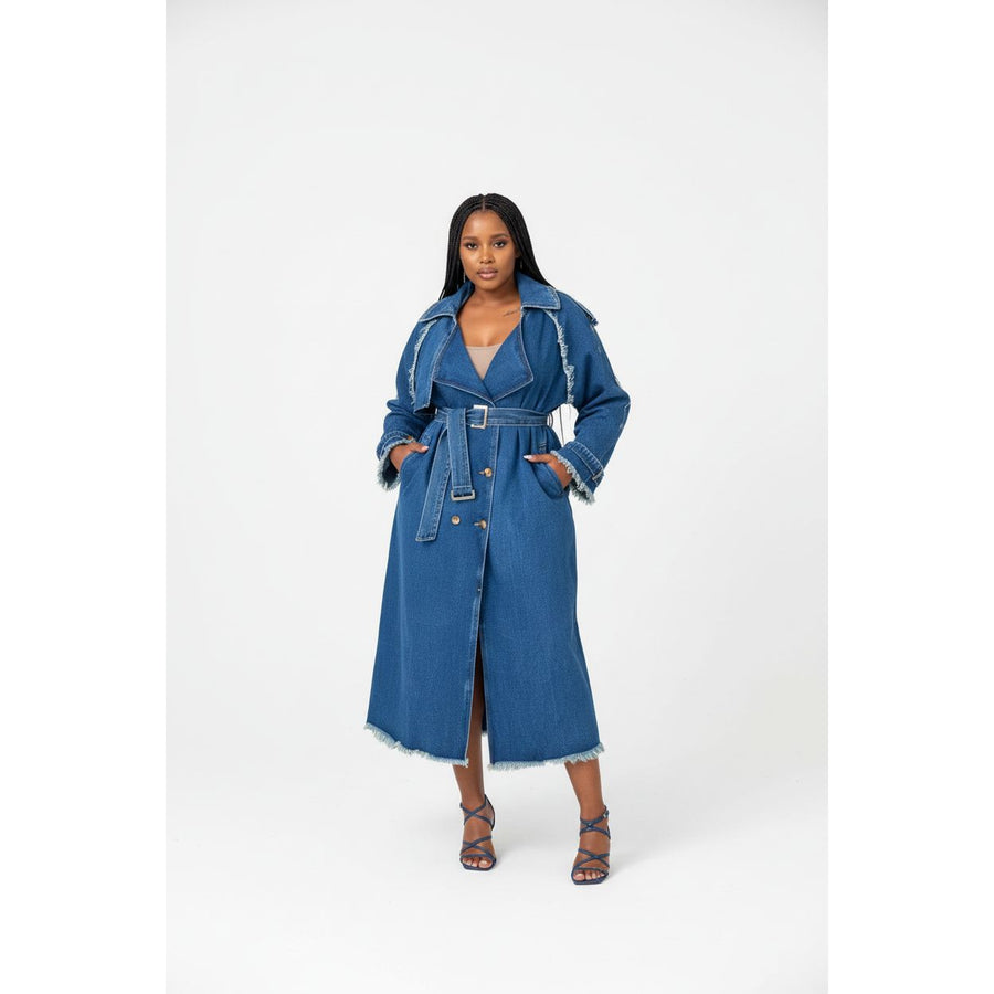 Long Sleeve Waist Belt Denim Trench Maxi Dress