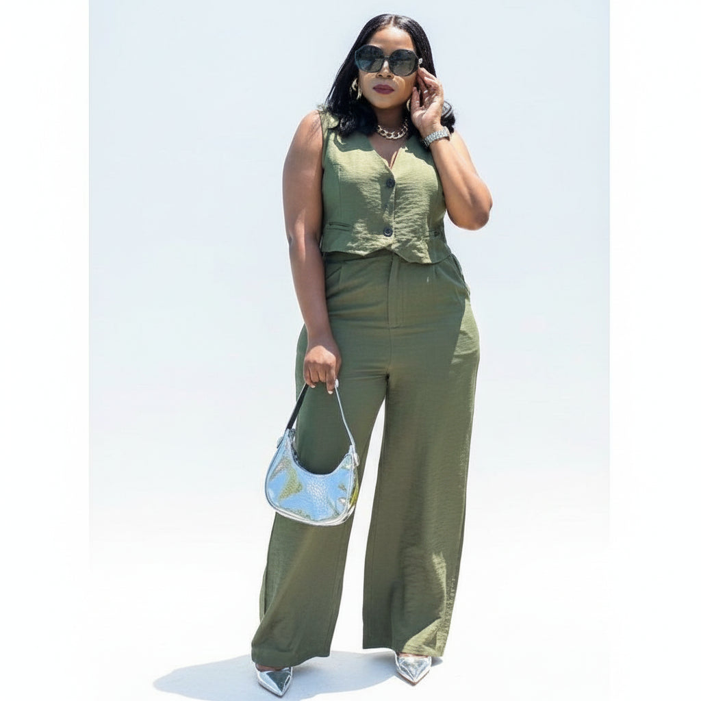 Vintage V-Neck Crop Top And Wide Pant Set