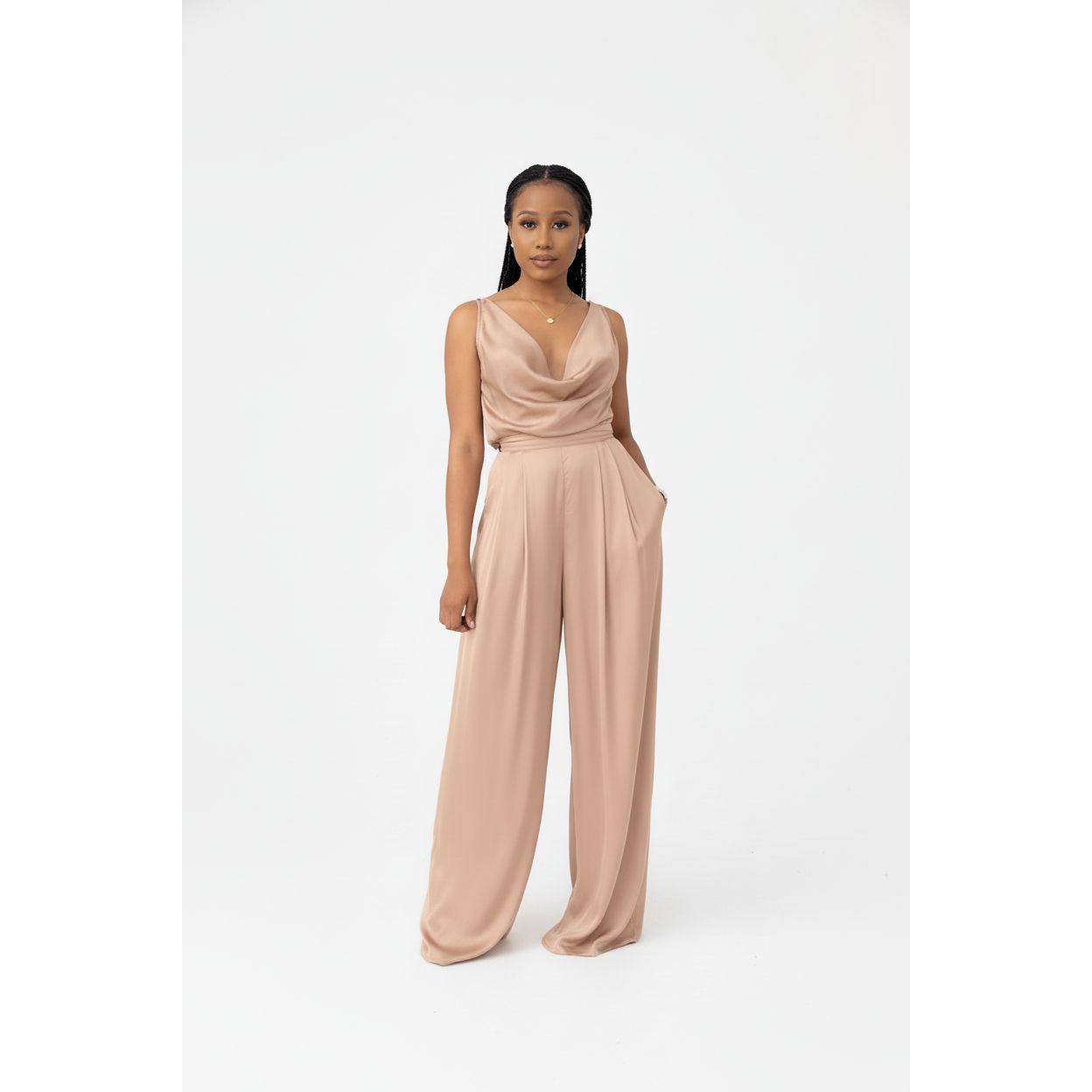Women's Satin Cowl Neck Wide-Leg Set.