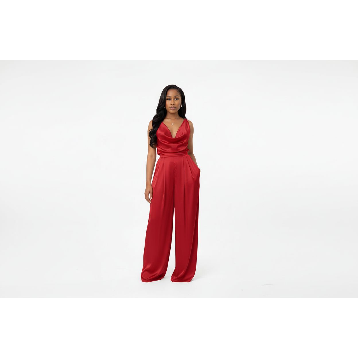 Women's Satin Cowl Neck Wide-Leg Set.