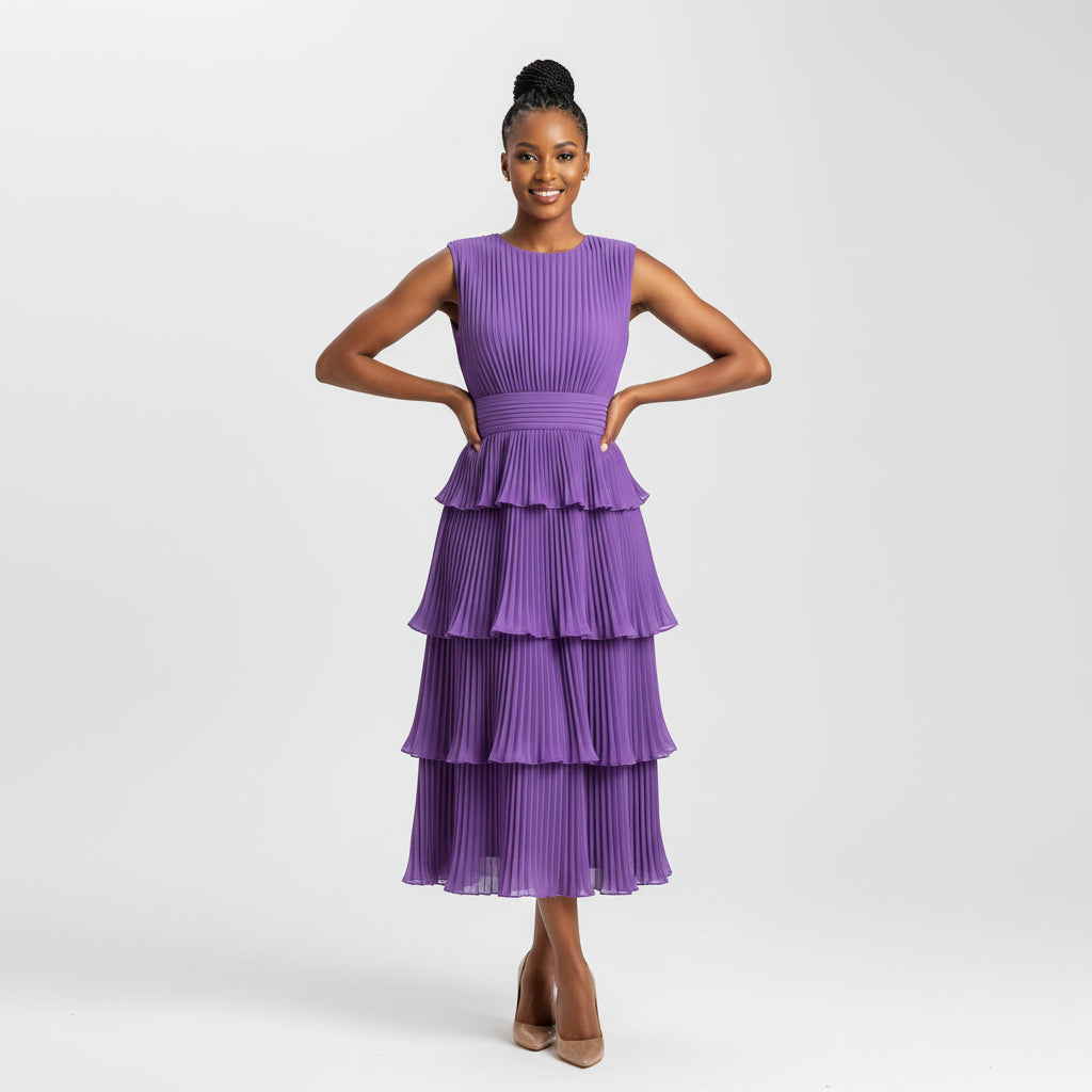 Pleated Sleeveless Midi Dress.