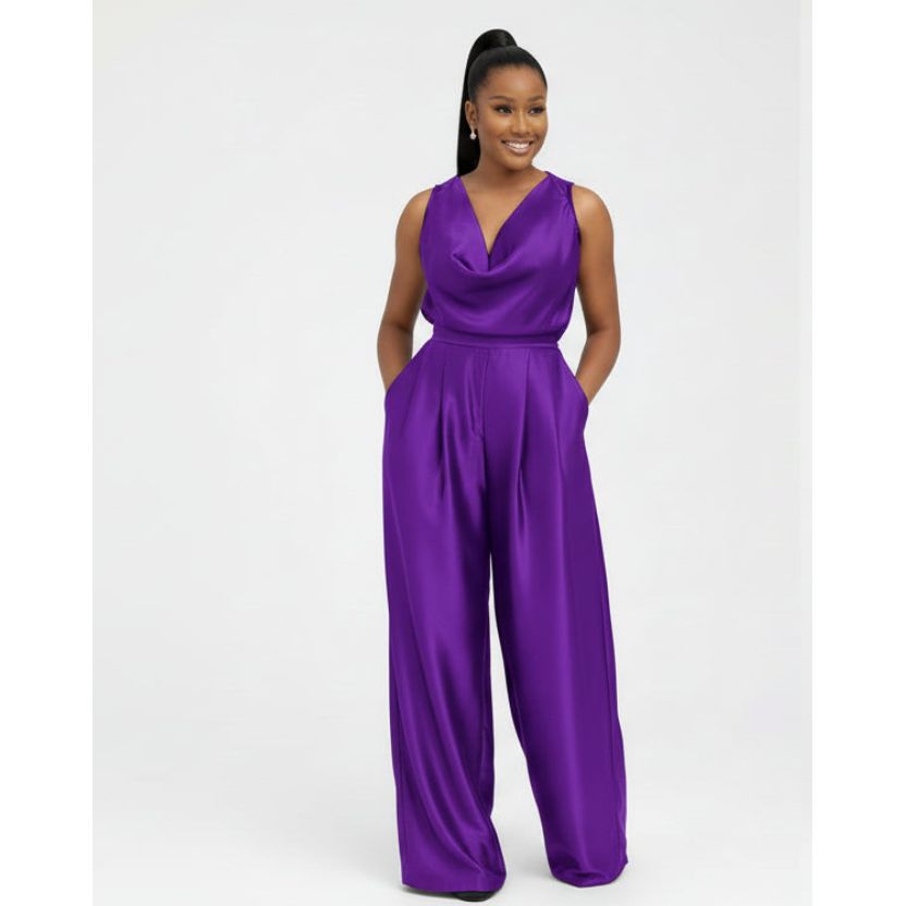 Women's Satin Cowl Neck Wide-Leg Set.