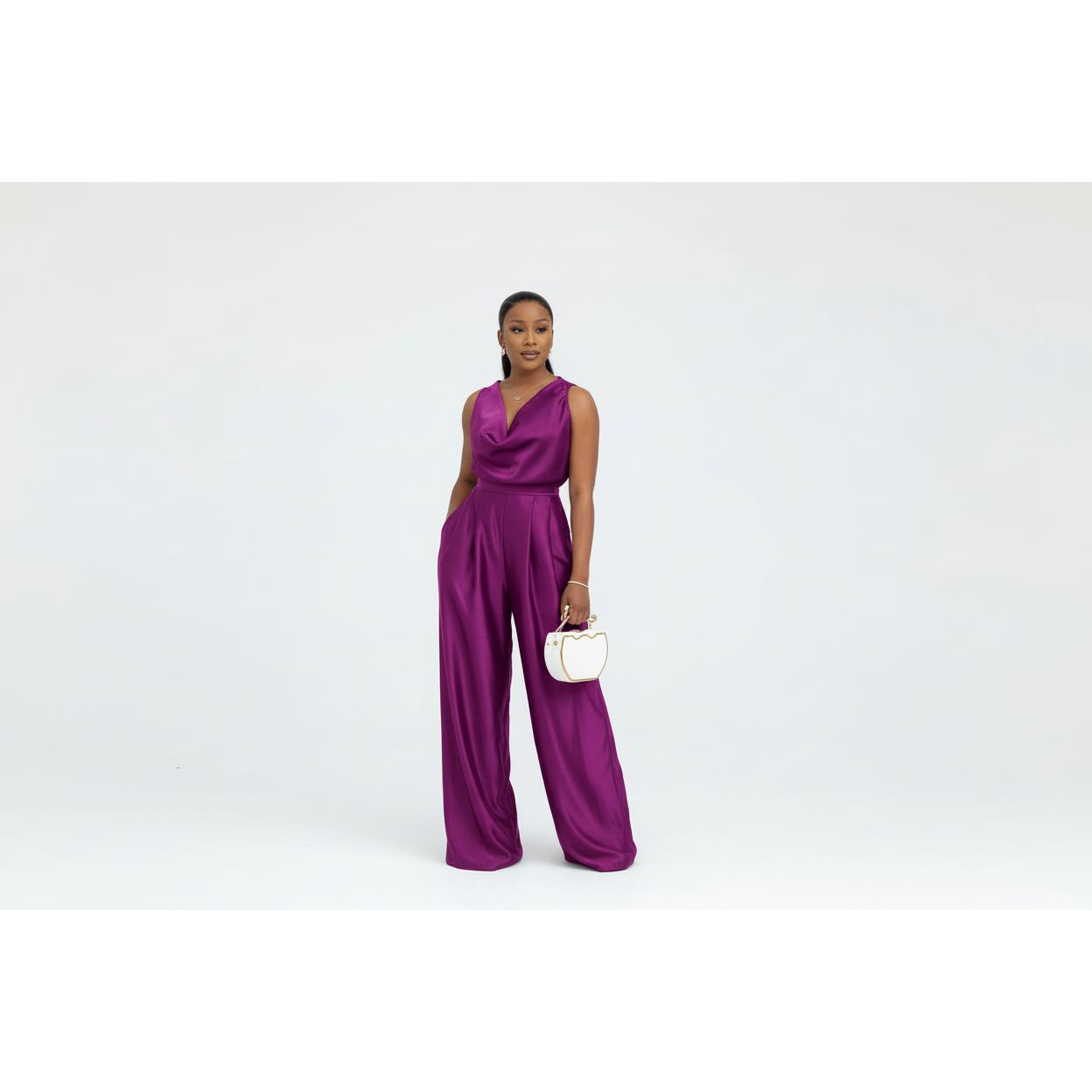 Women's Satin Cowl Neck Wide-Leg Set.