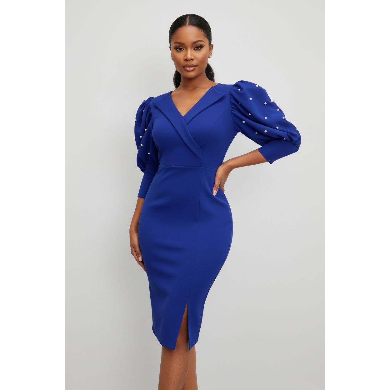 Pearl-Embellished Puff Sleeve Bodycon Midi Dress