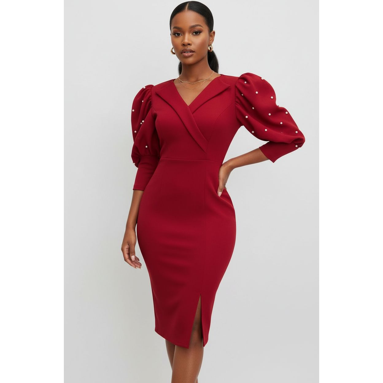 Pearl-Embellished Puff Sleeve Bodycon Midi Dress