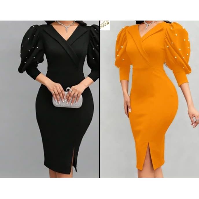 Pearl-Embellished Puff Sleeve Bodycon Midi Dress