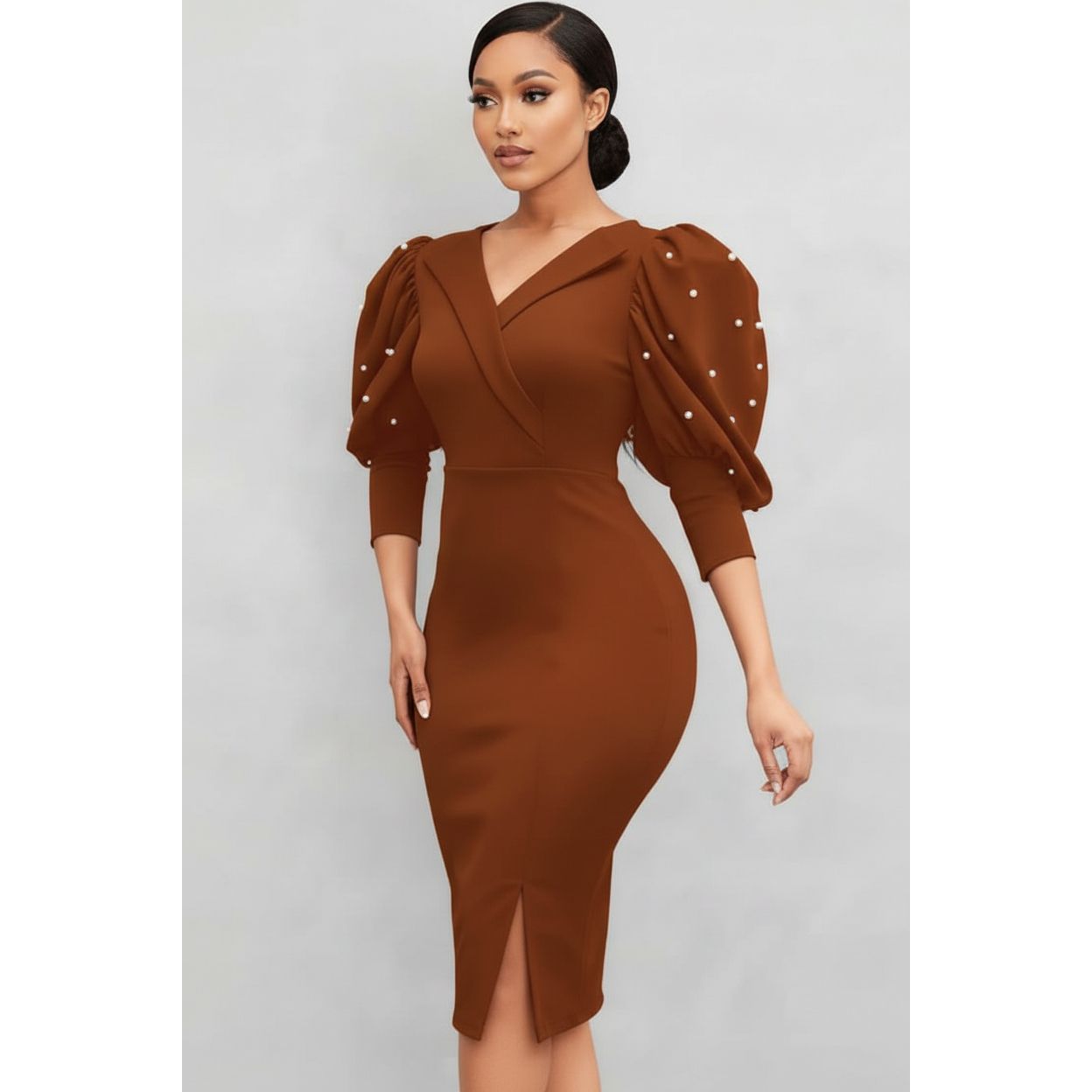 Pearl-Embellished Puff Sleeve Bodycon Midi Dress