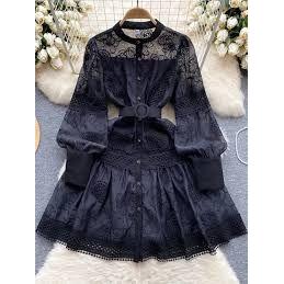 Summer Short Elegant Lace Stitching Hollow Out Long Sleeve Mini Dress.