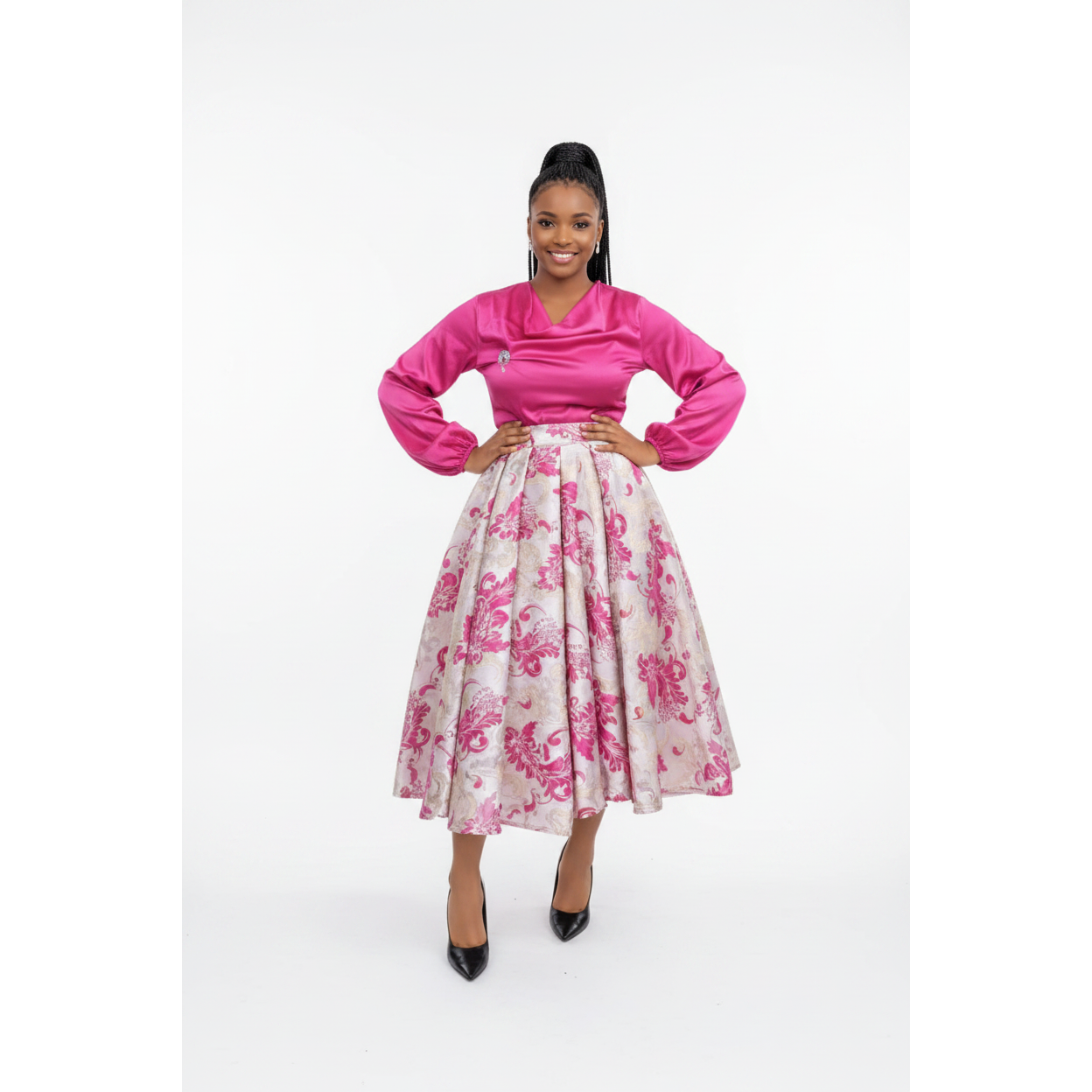 Long-sleeved Satin Blouses Paired with Maxi Skirts Set