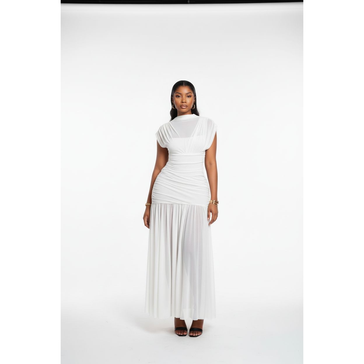 Ruched Mesh Cap Sleeveless Maxi Dress