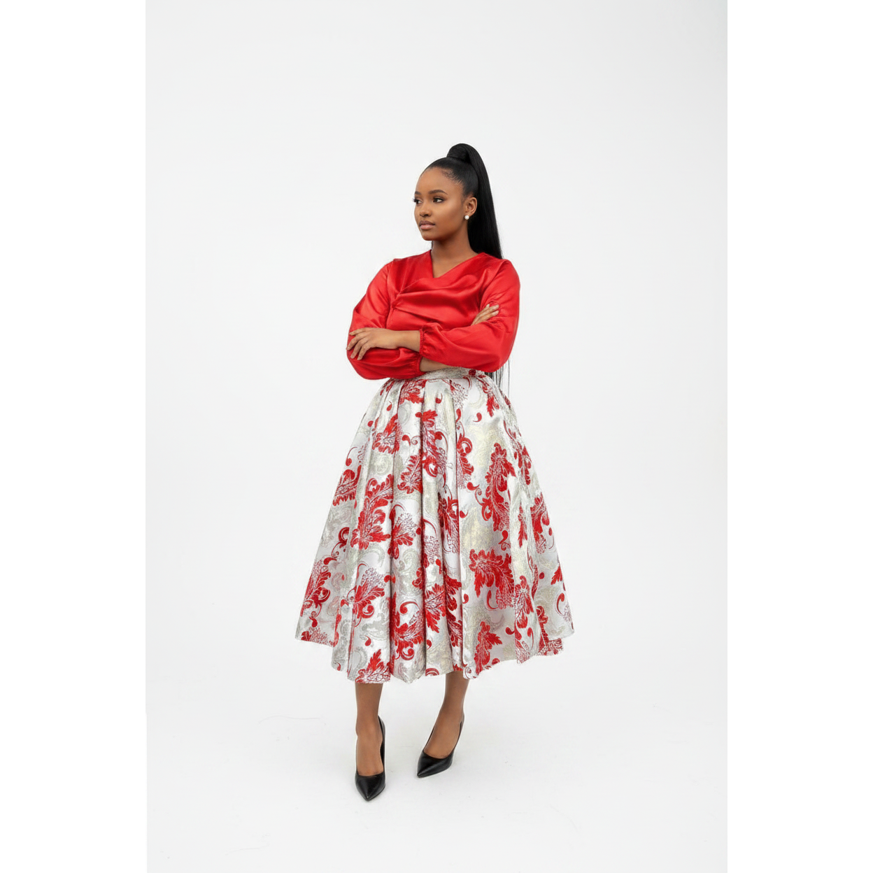 Long-sleeved Satin Blouses Paired with Maxi Skirts Set