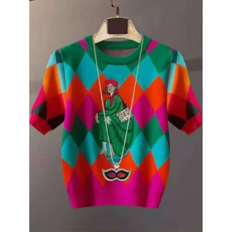 Short Sleeve Multicolor Harlequin Print Knit Top