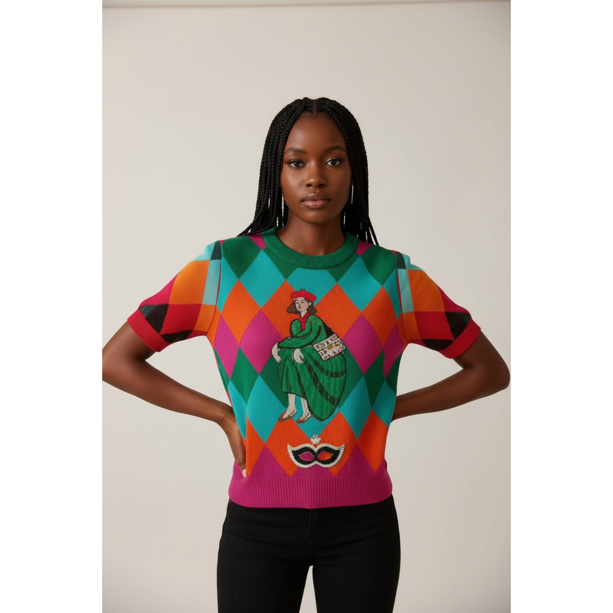 Short Sleeve Multicolor Harlequin Print Knit Top