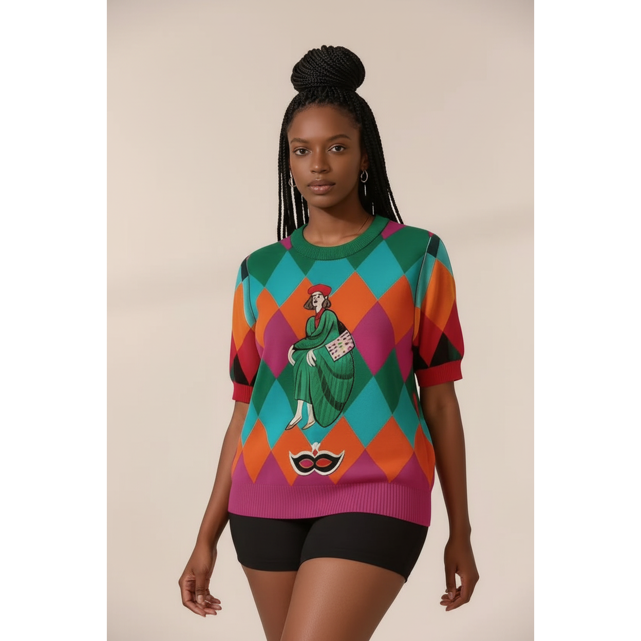 Short Sleeve Multicolor Harlequin Print Knit Top