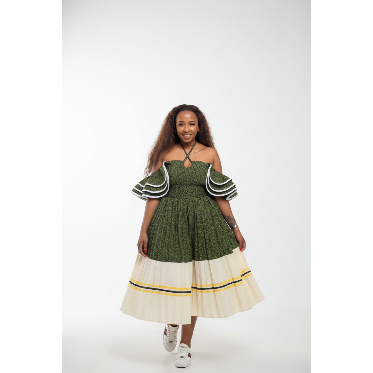 Flare Sleeves Off-Shoulder Pleated Traditional Midi Dress