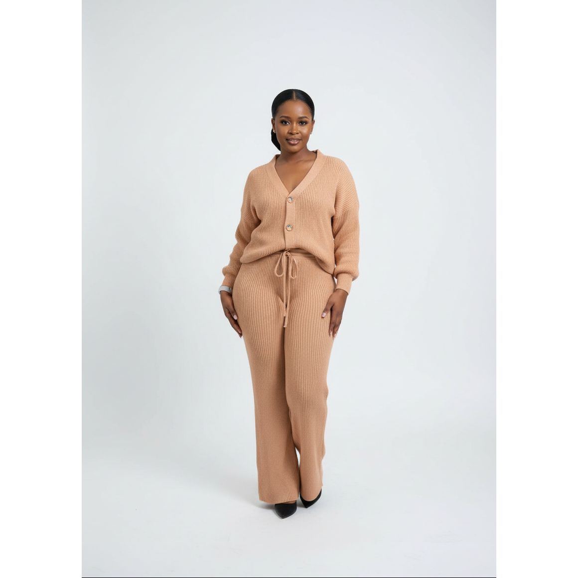Knitted Button Cardigan & Wide-Leg Pant Set