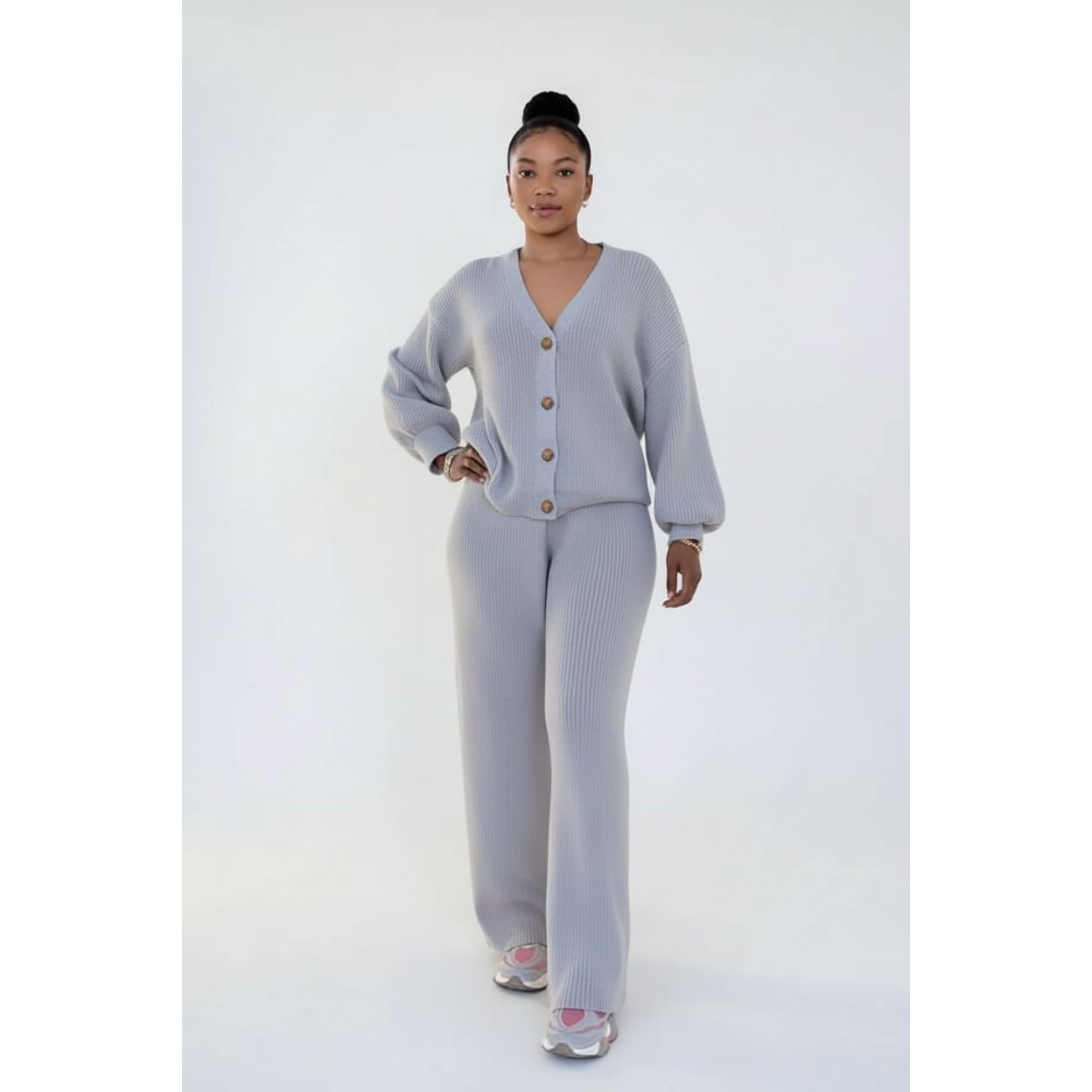 Knitted Button Cardigan & Wide-Leg Pant Set