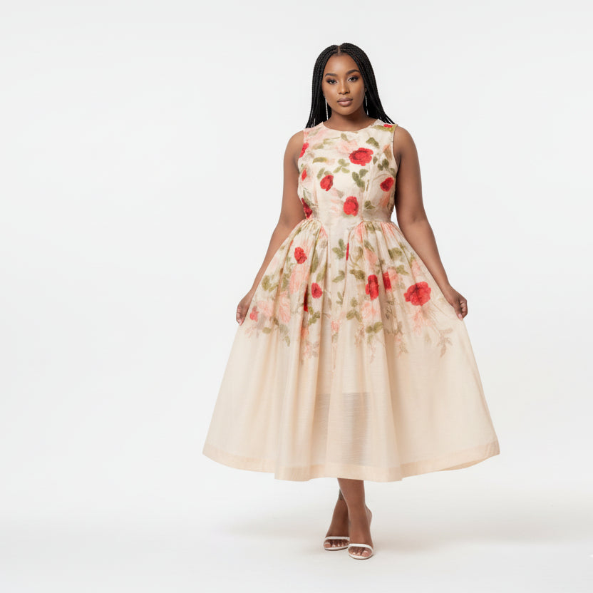 Elegant Sleeveless Rose Printed Midi Dress