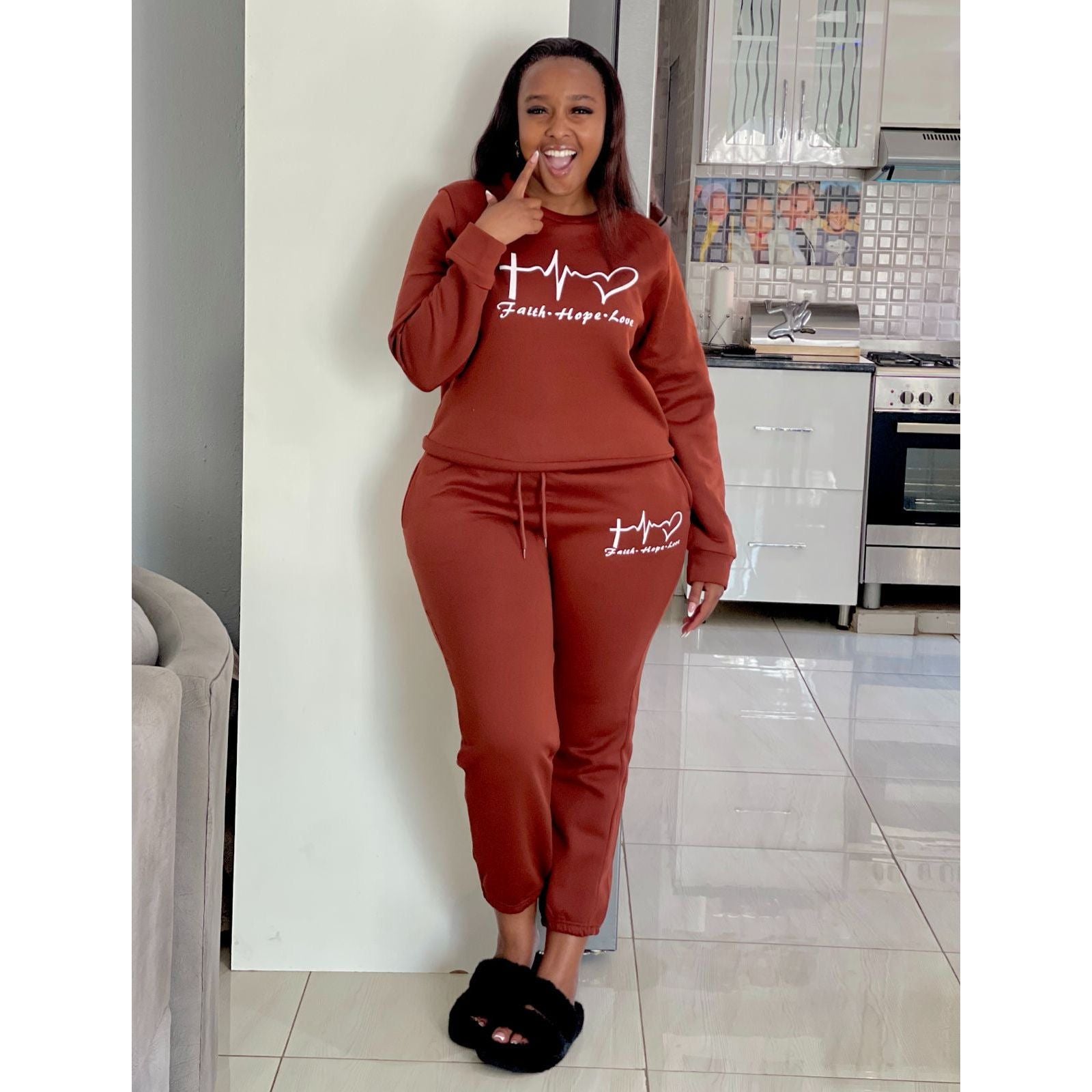 Heart-Shaped Printed Long-Sleeve Drawstring Pants Two-Piece Set