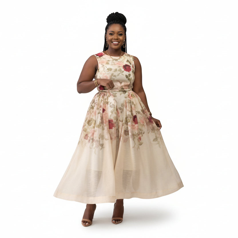 Elegant Sleeveless Rose Printed Midi Dress