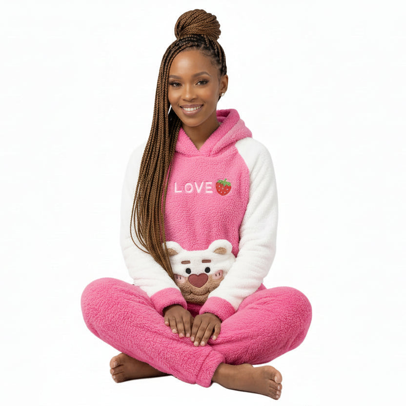 Fluffy Hooded Two Toned Sleepwear Set