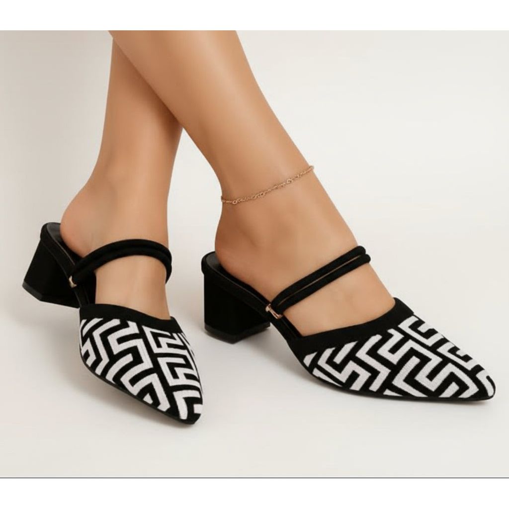 Geometric Pattern Block Heel Slingback Shoes.