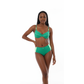 Green bikini set on a mannequin against a white background