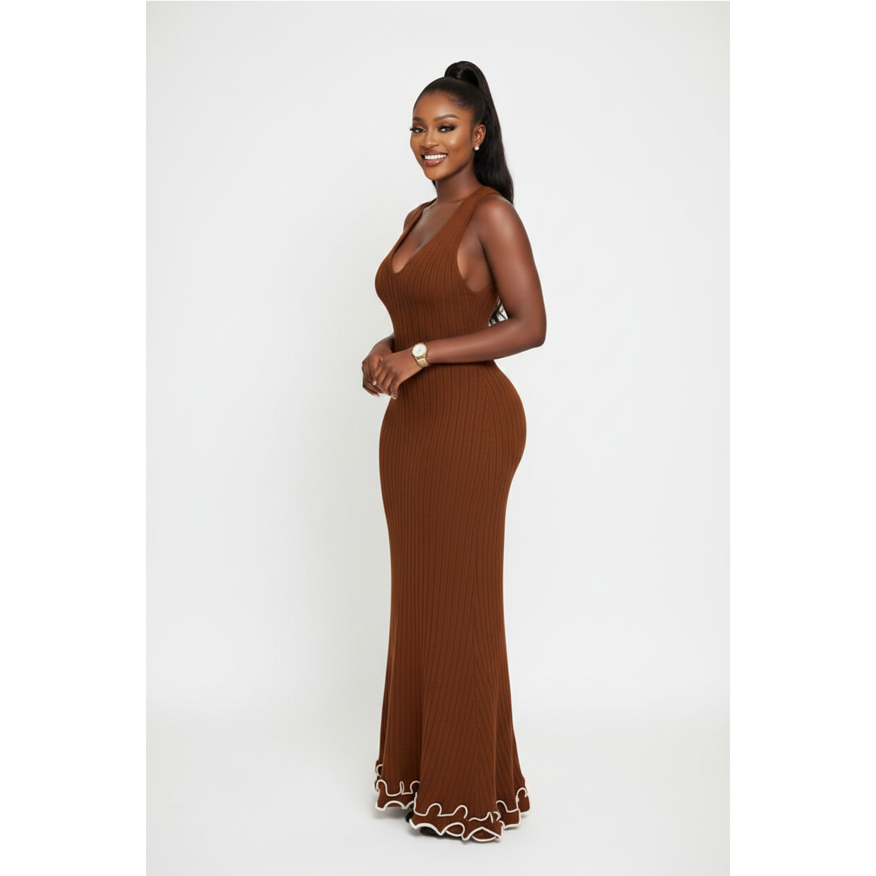 Knitted Sleeveless Trim Hemline Maxi Dress