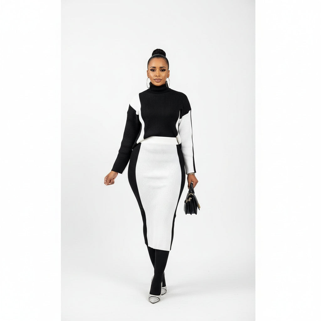 2 Tone Turtleneck Drop Shoulder Sweater & Knit Midi Skirt