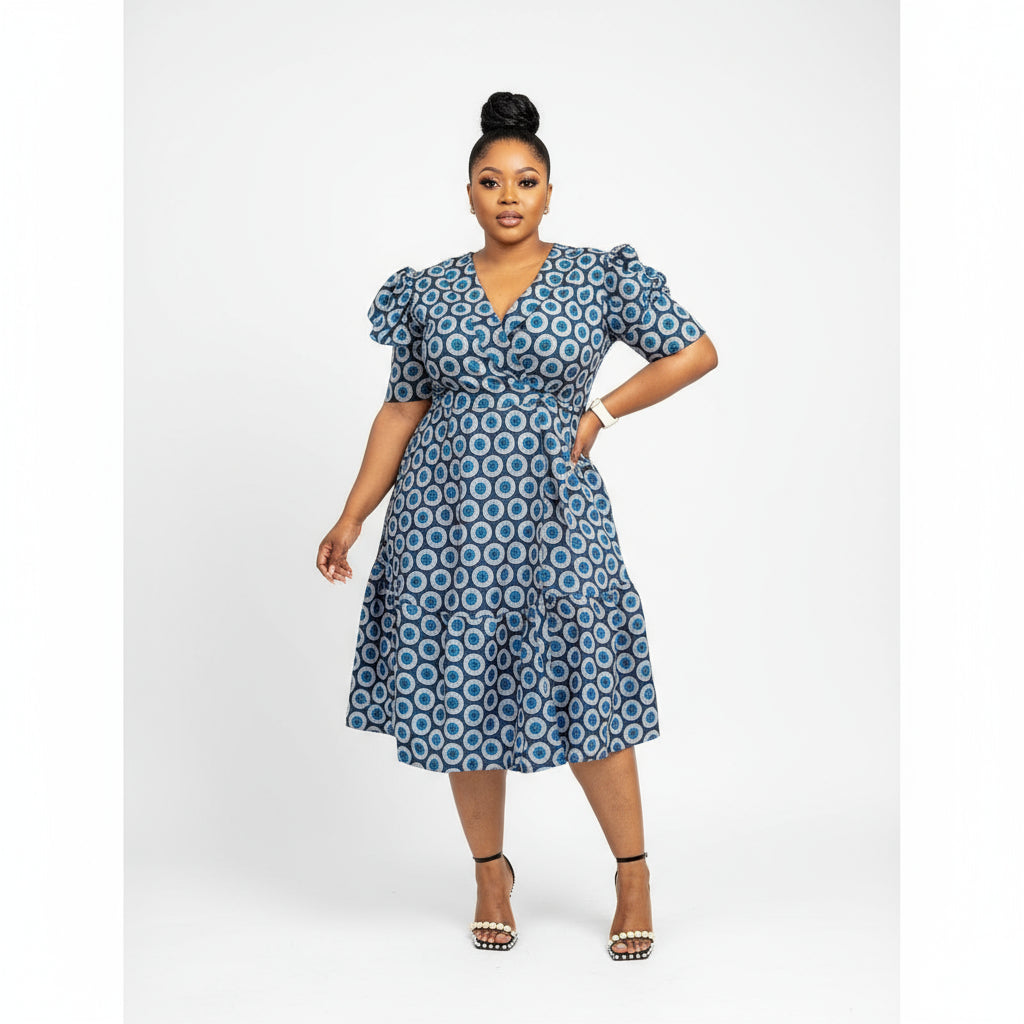 Short Sleeve African Print Pleated Knee Dress.