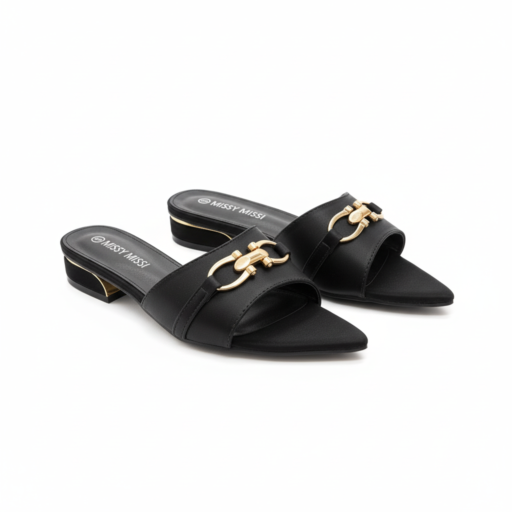 Elegant Chain-Detail Flat Mule Shoes.