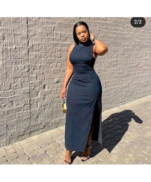 denim bodycon dress Strapless Maxi  Dark Denim Front Slit Dress S wash denim gives it a relaxed modern feel Bodycon Maxi Dress Jeans Bodycon