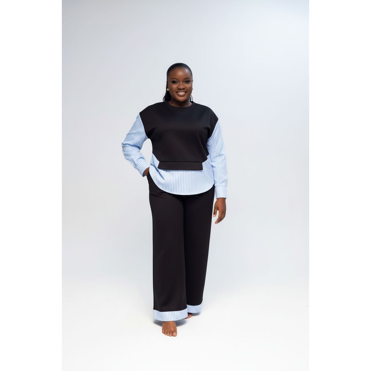 Striped Sweatshirt Top & High-Waisted Wide-Leg Pants