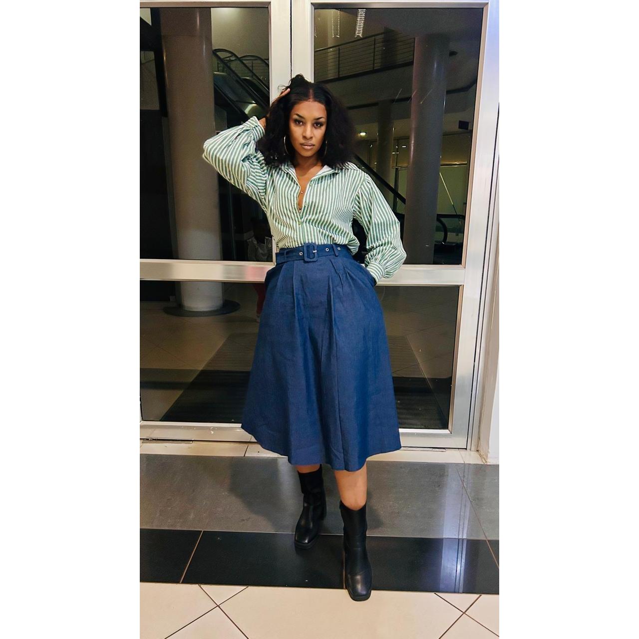 Retro Fringed Denim A-Line Midi Skirt