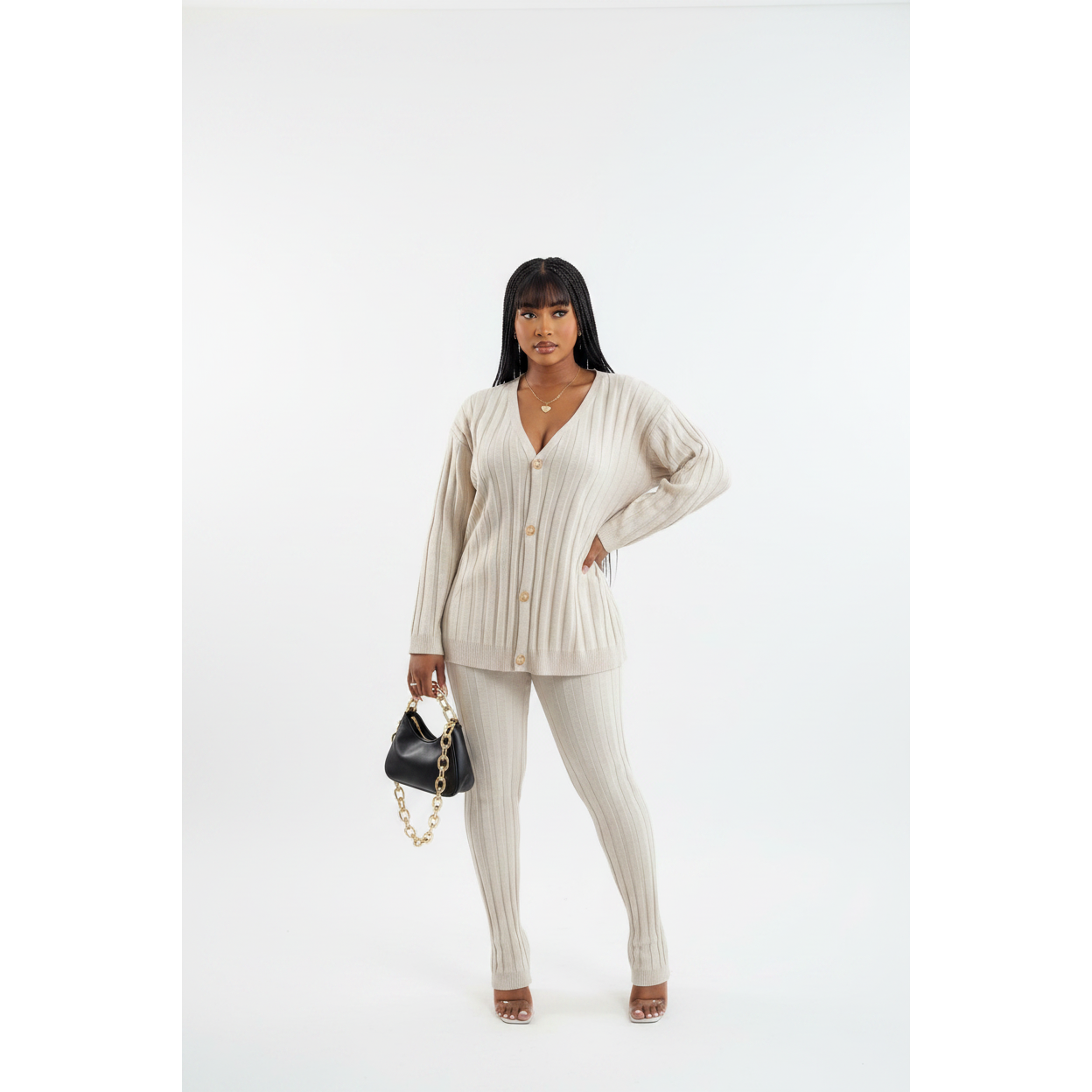 Ribbed Knit V-Neck Two Piece Set