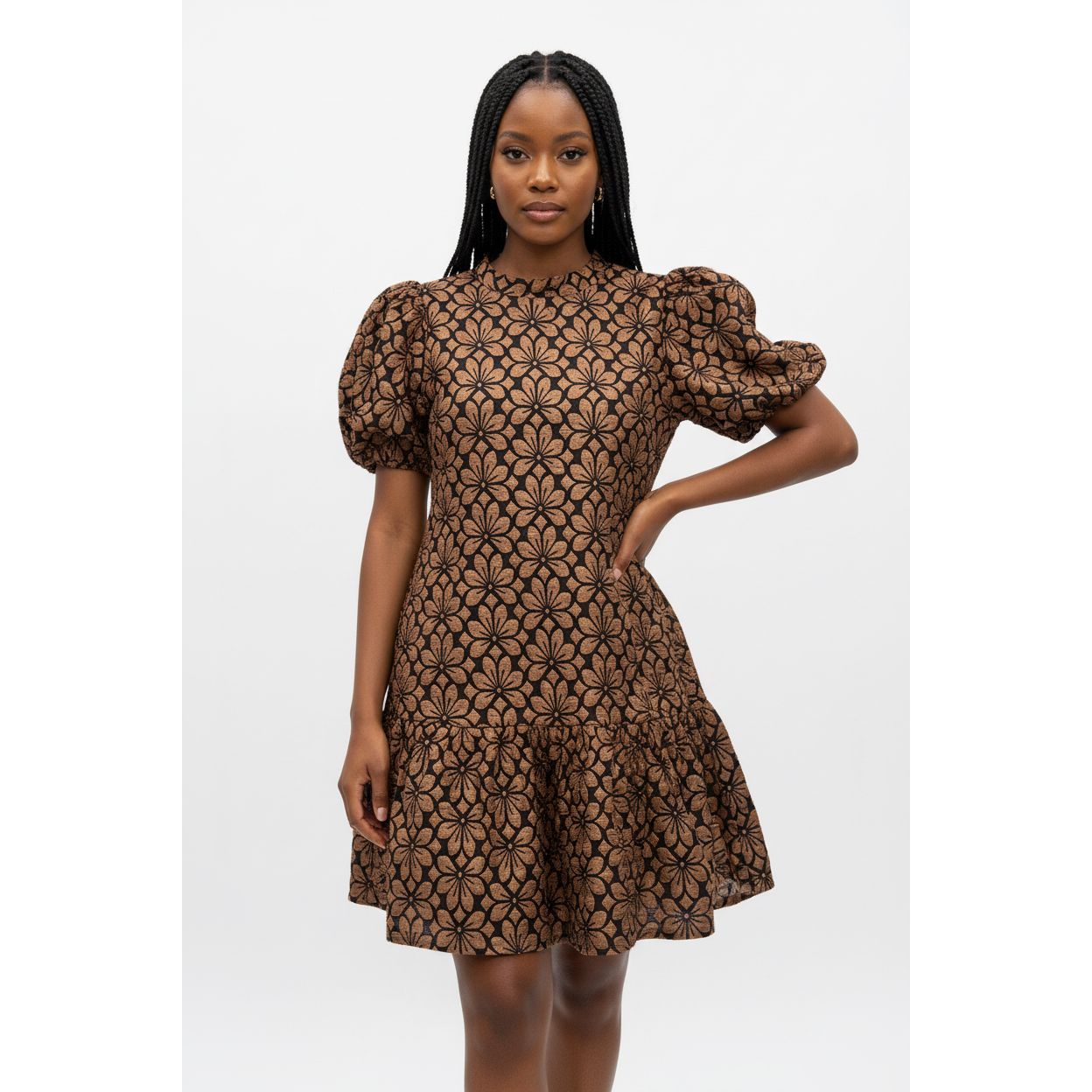 High-Neck Puff Sleeve Mini Doll Dress