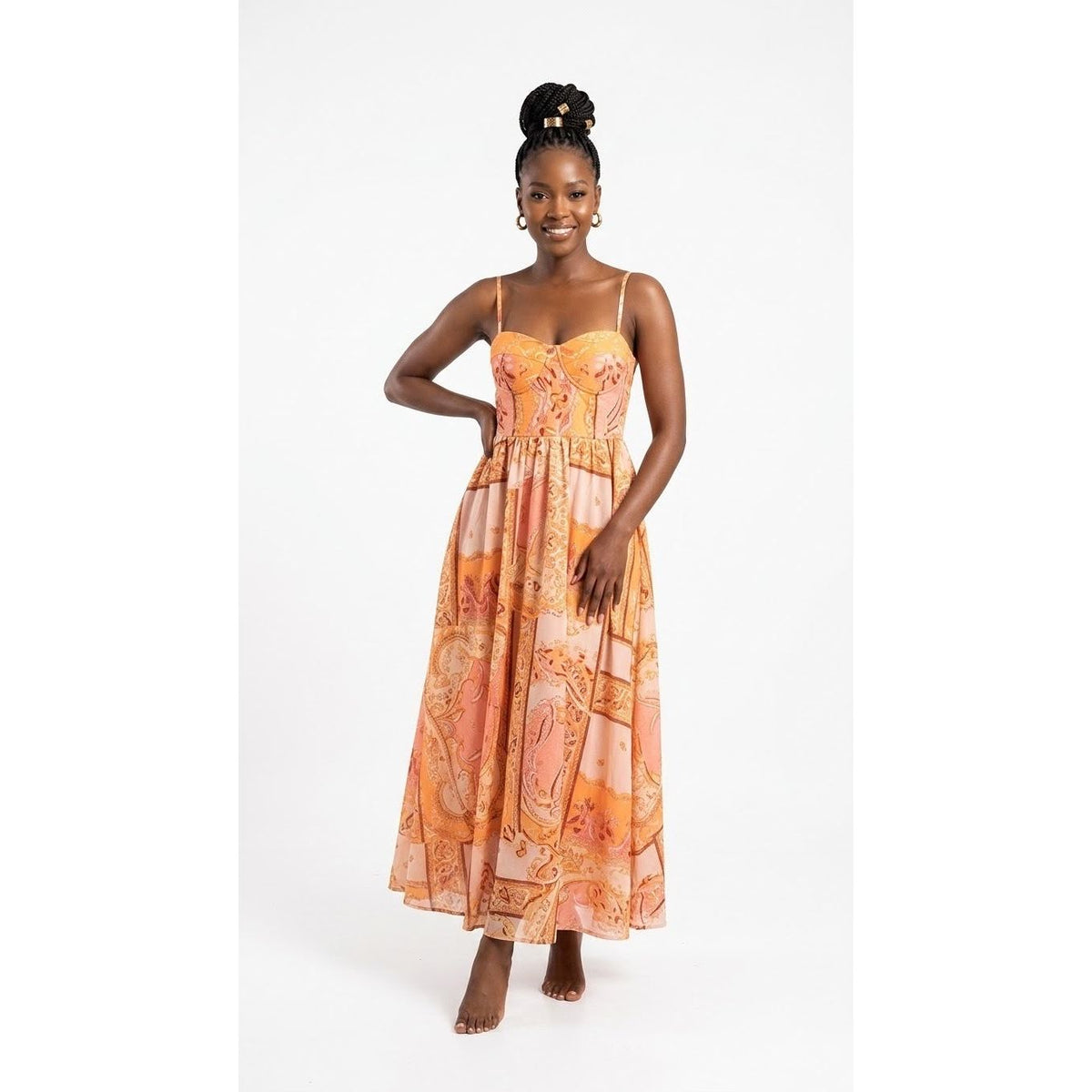 Women's Paisley Bustier Maxi Dress – Spaghetti Strap Floral Sundress