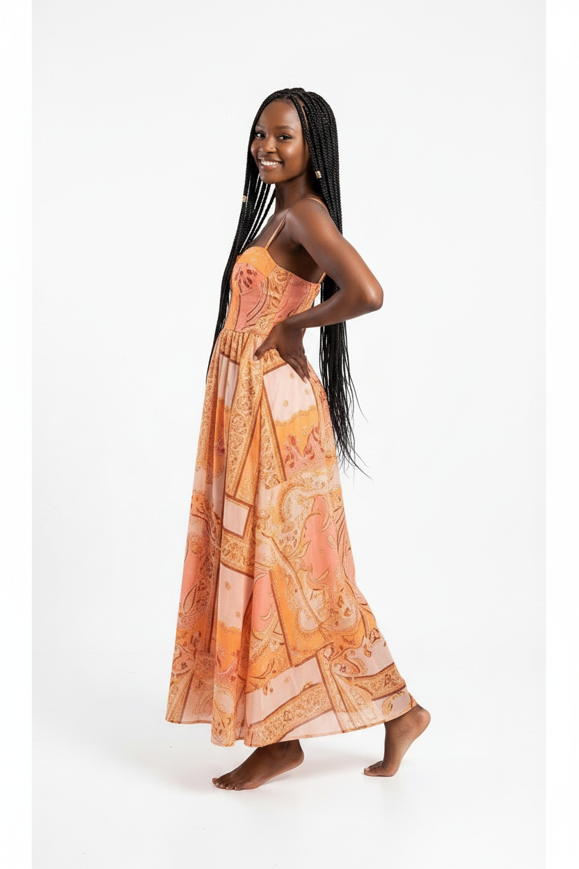 Women's Paisley Bustier Maxi Dress – Spaghetti Strap Floral Sundress